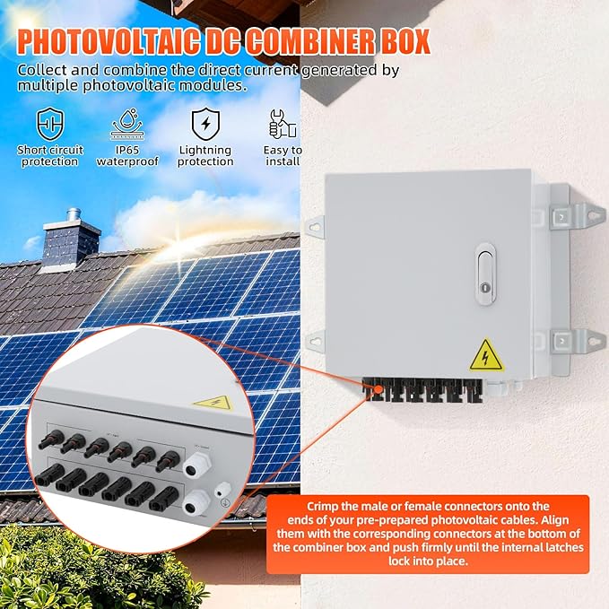 Doniks 6 String Metal Solar Combiner Box IP65 Waterproof PV Combiner Box with 20A Rated Current Fuse 63A Air Circuit BreakerLightning Arrester Metal Box for On/Off Grid Solar Panel System