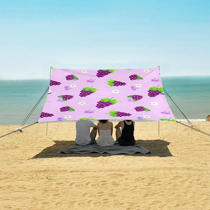 Beach Canopy with Windproof Ropes &amp Sandbags Beach Tent Sun Shade Sun Shelter for Camping Trips Fishing Backyard Fun or Picnics Grape