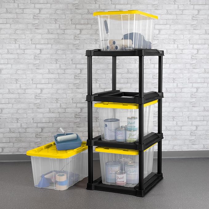 Sterilite 4 Tier Tote Rack Vertical Plastic Organizer with 4 Pack 27 Gallon Industrial Storage Totes Clear - for Garages Workshops or Basements