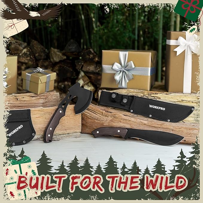 WORKPRO Axe and Fixed Blade Knife Combo Set Full Tang Wood Handle for Outdoor Camping Survival Hunting Sheath Included