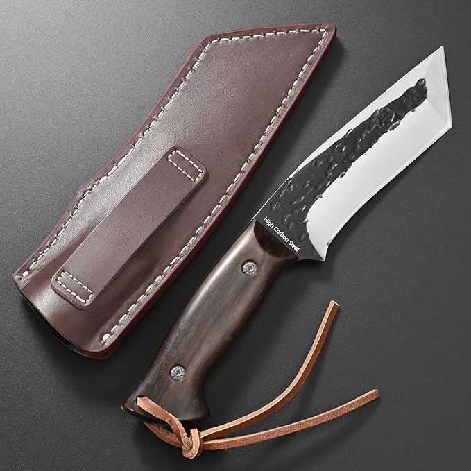 Gtkii GTK43 Fixed Blade Knife High Carbon Steel Hand Forged Blade Full Tang Rosewood Handle Fix Knifes for Camping Hunting Collection with Leather Sheath