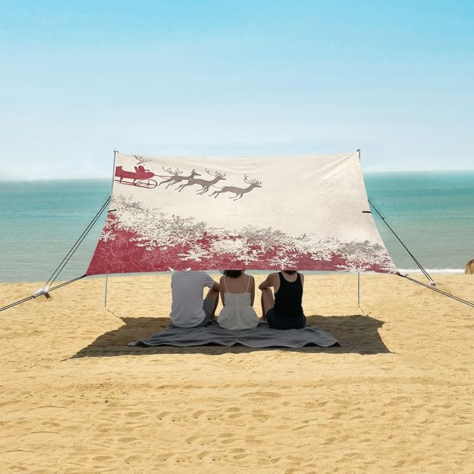 Vintage Elk Santa Claus Snowflake Beach Cabana UPF50+ Easy Setup Large Sun Shelter with Sand Shovel Sandbags for Family Trips Picnics &amp Camping