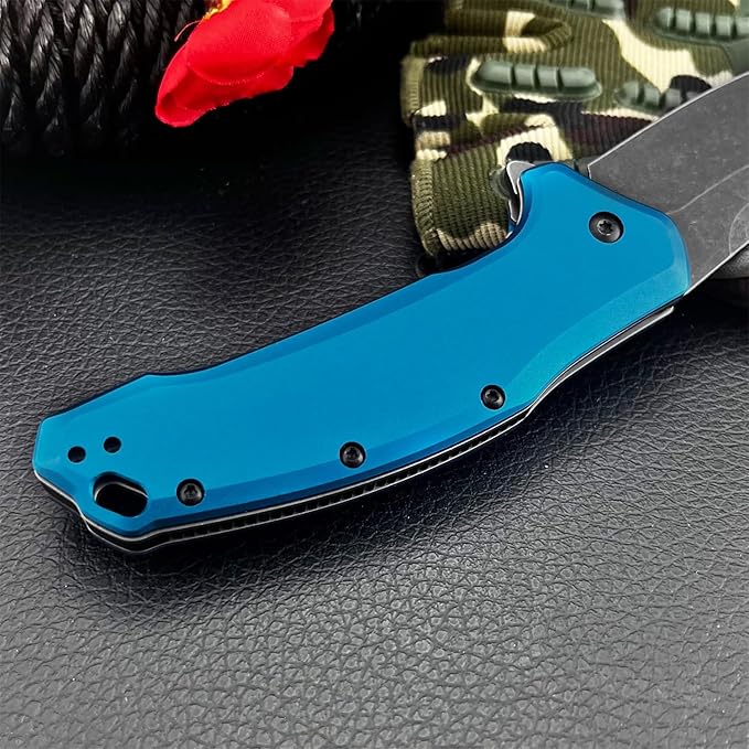 Outdoor Assisted Flipper Folding Pocket Knife 3.23 8Cr13Mov Steel Blade Blue Aluminum Handle EDC Knife for Camping Hiking Fishing Gift