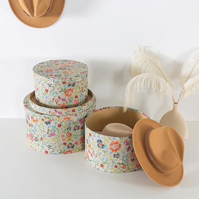 Soul &amp Lane Botanica Bliss Green Round Hat Boxes with Lids - Set of 3 Nesting Cardboard Hat Storage Boho Floral Print Cases Circle Stacking Decorative Keepsake Boxes