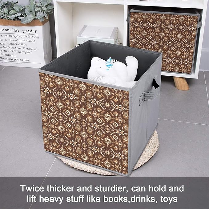 Space-Saving Fabric Storage Cubes Aztec Native American Southwestern Boho Brown Collapsible Baskets with Handles Stylish Storage Solution for Home