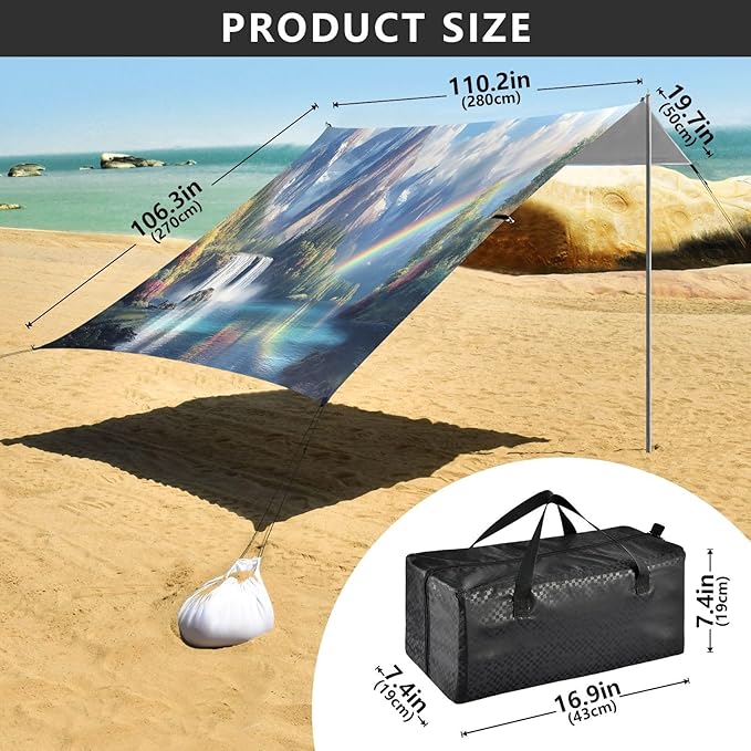 Rainbow Waterfall Landscape Beach Tent Sun Shelter Set UPF50+ UV Protection 10.5 x 9.19 FT Camping Shade Canopy with Sandbags Sand Anchors Carrying Bag and Others