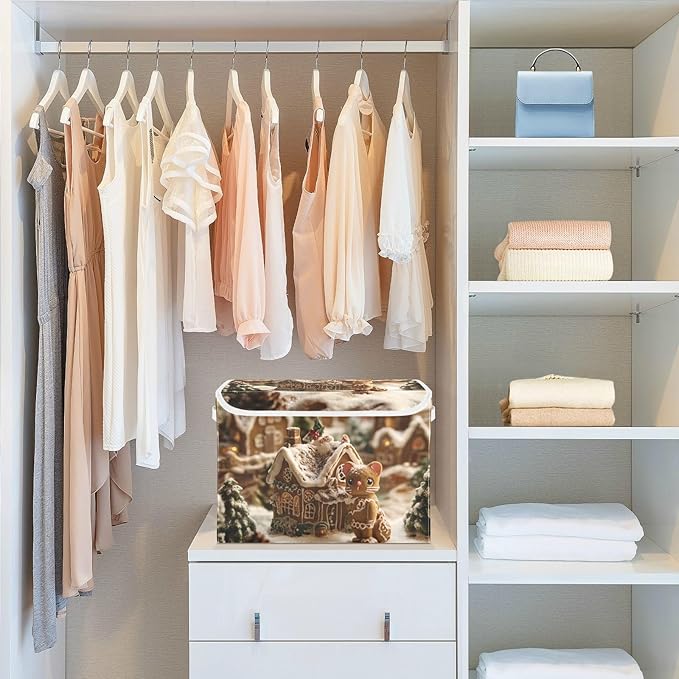 Collapsible Storage Bins with Lids Decorative Fabric Storage Cubes Closet Organizer and Storage Basket Boxes Containers for Clothes Box Chest Nursery Folding Rectangle Cute Christmas Gingerbr