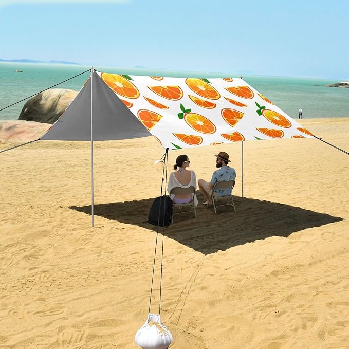 xigua Oranges Beach Tent Sun Shelter with Carrying Bag - Silver Coated Oxford Fabric Beach Canopy for Beach Camping Fishing - Includes Windproof Ropes Sandbags &amp Stakes