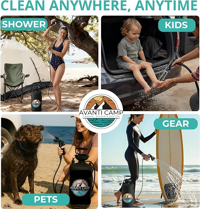 Pressurized Camping Shower (8L/2.1 Gal) – Portable Beach Shower for Surfing Camping &amp Van Life – Outdoor Rinse Kit with Hand Pump &amp 10 Spray Modes – Portable Water Sprayer Pets &amp Gear | A
