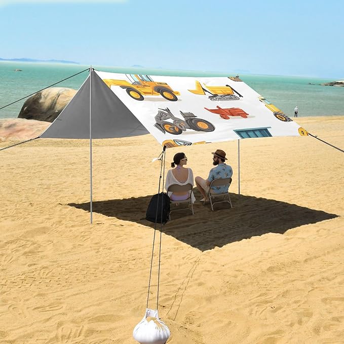 ALAZA Cartoon Heavy Machinery Cars Vehicles Beach Tent Sun Shelter Portable Canopy Sunshade for Outdoor Camping Picnics Backyard Fun 10x9 ft