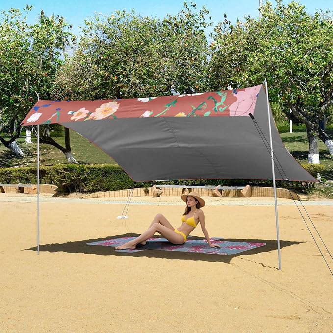 Graffiti Style Red Floral Beach Tent Sun Shelter Set UPF50+ UV Protection 10.5 x 9.19 FT Camping Shade Canopy with Sandbags Sand Anchors Carrying Bag and Others