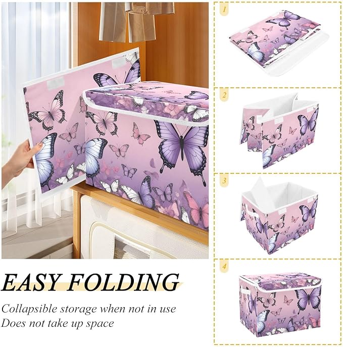 Storage Cube with Lid Purple Butterflies Print Collapsible Large Capacity Foldable Storage Basket Bin Organizer 16.5×12.6×11.8 IN