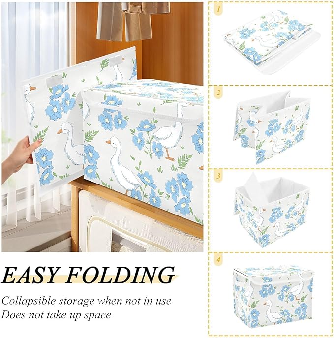 susiyo Large Foldable Storage Bin with Flip-Top Lid Cute Goose and Flowers Storage Box Collapsible Closet Organizer Containers Boxes Decorative Baskets with Handles for Home Bedroom Living Room Offic