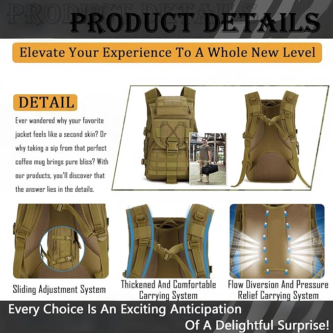 40L 600D Nylon Tactical Backpack - Waterproof Multifunctional with MOLLE System for Outdoor Travel Sports and Hiking(Black)