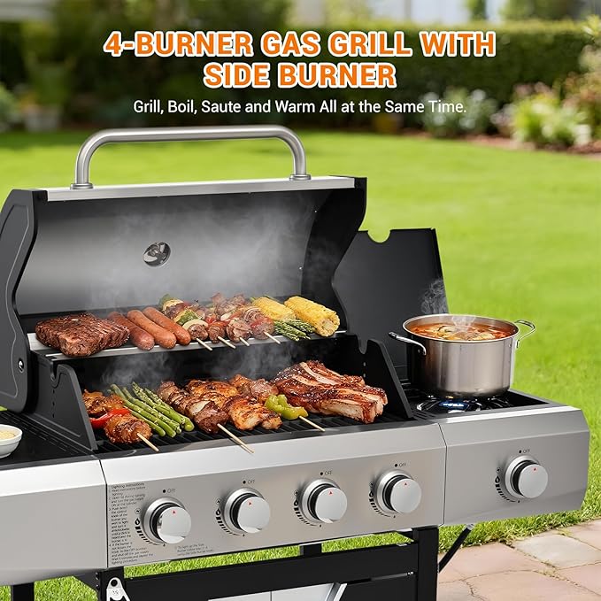 EUHOME Upgraded 51000 BTU Stainless Steel Burner Barbecue Grill 4 Burner BBQ Propane Gas Grill with Side Burner 452 sq. in Cooking Area with Porcelain for Patio Camping Outdoor Cooking