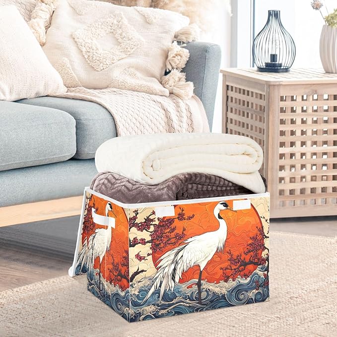 Collapsible Storage Bins Crane Waves Cherry with Lids &amp Handles Foldable Storage Boxes Basket with Flip-Top Lid for Home Office 16.5” x 12.6” x 11.8”