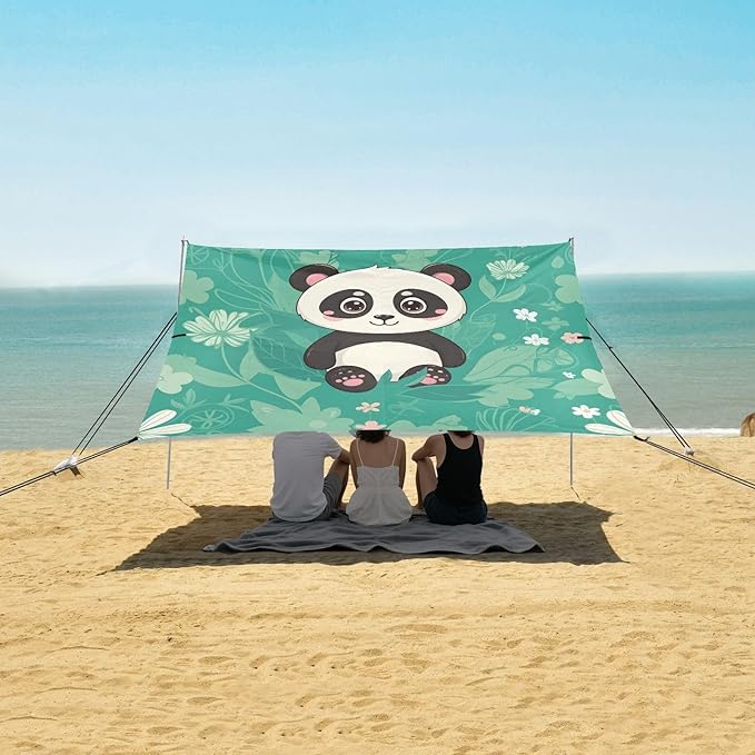 Cartoon Panda in Flowers Beach Tent Sun Shelter Set UPF50+ UV Protection 10.5 x 9.19 FT Camping Shade Canopy with Sandbags Sand Anchors Carrying Bag and Others