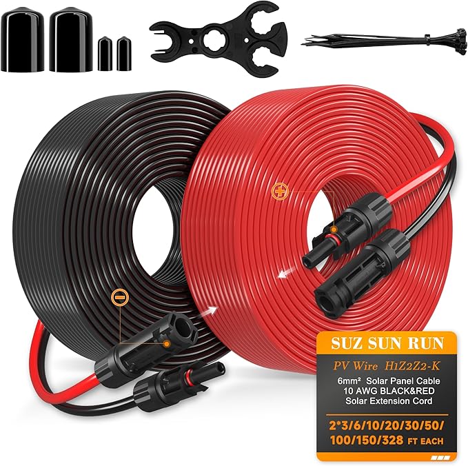 Solar Extension Cable 10AWG 6mm² 150FT PV Wire 10Gauge Adaptor Panels Cables with Female &amp Male IP68 Waterproof Connectors for Outdoors Marine RV Photovoltaic (Black&amp Red)