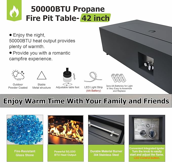 2-Piece 42 LED Rectangular Propane Fire Pit for Outside Patio with Hidden Tank Table 50000 BTU Fireplaces with Glass Wind Guard Lid Glass Rocks Cover(Black w/Warm Light)