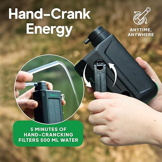 Greeshow Portable Electric Water Filter for Camping &amp Survival - 0.01 Micron Water Purification System with Solar Hand Crank USB-C Charge - Power Bank &amp LED Light for Backpacking Gear Emerg