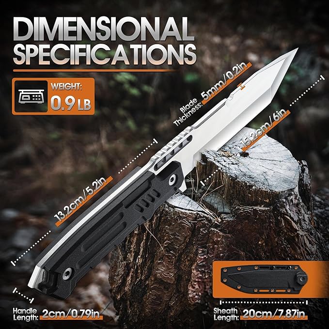 Dragon Creek Fixed Blade Knife - Outdoor Survival Knife for Camping Hiking Gift Men Silver