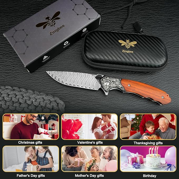 Zingbee Damascus Folding Knife 3.39 VG10 Core Damascus Steel Blade Pocket Knife for EDC Wood Handle Pocket Knives for Camping Survival Hunting