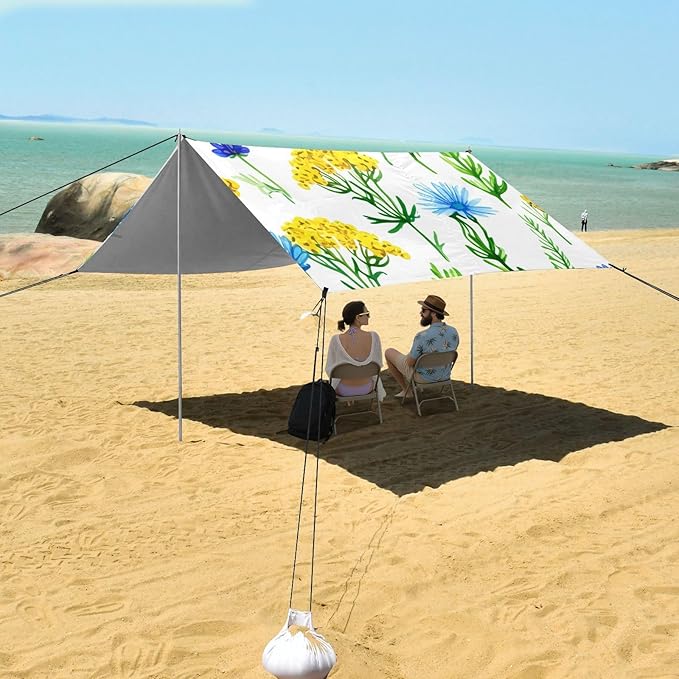 Beach Canopy with Windproof Ropes &amp Sandbags Beach Tent Sun Shade Sun Shelter for Camping Trips Fishing Backyard Fun or Picnics Botanical