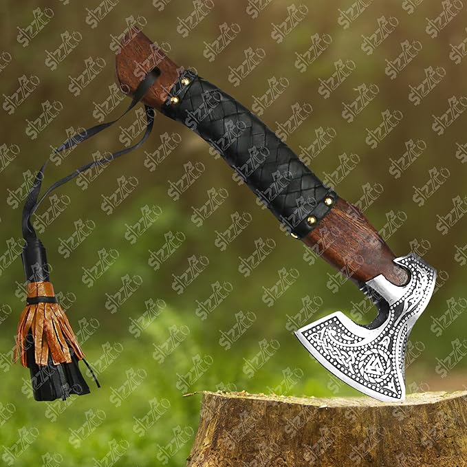 Russian Valknut Wood Viking Style Bearded Axe Tomahawk - Real Hatchet Best Gift for Anniversary Valentine's Day Birthday Premium Leather Sheath with Leather Wrap Handle Perfect Hand Grip
