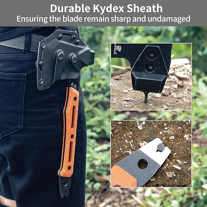 HX OUTDOORS Multifunctional Splitting Axe Full Tang Survival Camping Tactical Wood HatchetCamp Bushcraft Hand Axes with Hammer and Nail Puller (Orange)