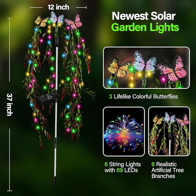Solar Garden Lights Outdoor Decorative Waterproof 69LED Swaying Tree Solar Lights for Outside Butterfly Flower Lights Solar Power Yard Decor for Pathway Patio Lawn Grave Decorations