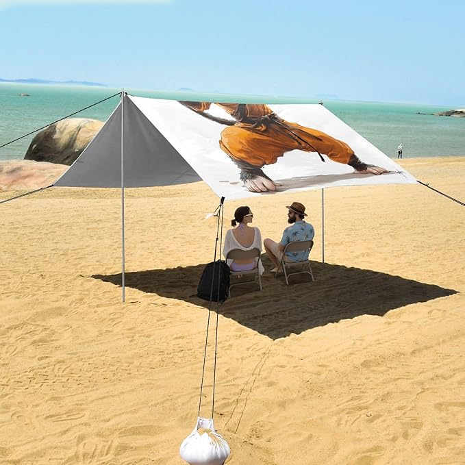 ALAZA Kongfu Monkey Little Sun Wukong Beach Tent Sun Shelter UPF50+ Protection Beach Shade Canopy w/ 4 Sandbags for Outdoor Camping Fishing Backyard Fun Picnic 10x9 ft