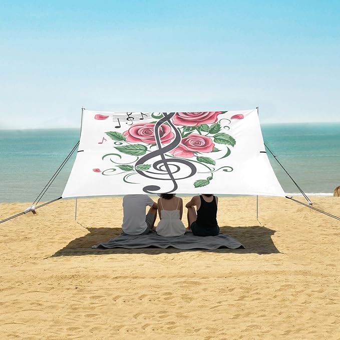 ALAZA Rose Treble Clef and Swirly Staff with Musical Notes Beach Tent Sun Shelter Portable Canopy Sunshade for Outdoor Camping Picnics Backyard Fun 10x9 ft