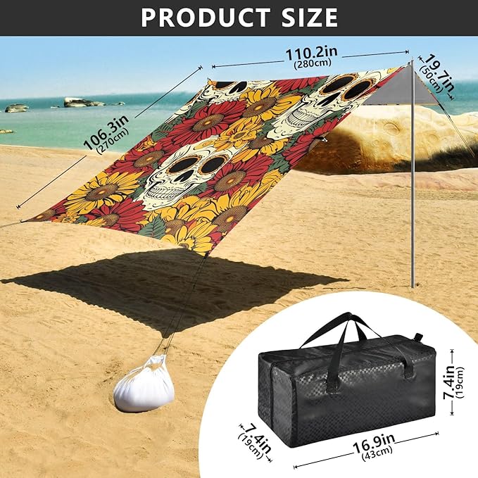 ALAZA Dia De Los Day of The Dead Muertos Skull Flower Seamless Beach Tent Sun Shelter Portable Canopy Sunshade for Outdoor Camping Picnics Backyard Fun 10x9 ft