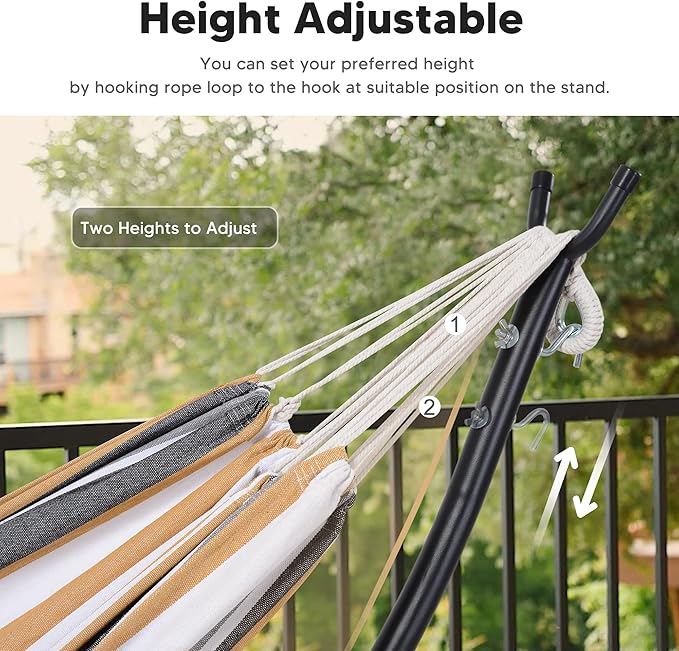 SUNCREAT 2 Person Hammock with Stand Heavy Duty Free Standing Hammock with Stand Included Coffee Stripes