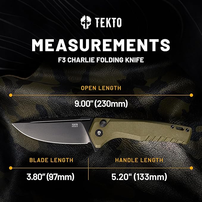 TEKTO F3 Charlie Button Lock Folding Knife Oversized Fine Edge Blade - Easy Open Pocket Knife with Titanium Coated D2 Steel &amp Black Titanium Barrel Spacers