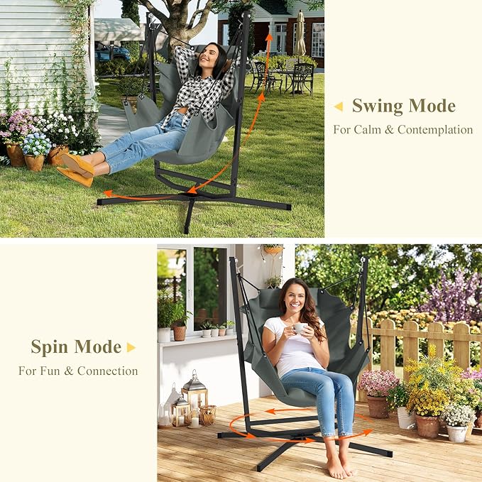 360° Swivel Hammock Swing Chair with Stand - Comfortable Hanging Chair with Cushions (400 lbs Capacity) for Indoor/Outdoor Use - Perfect for Bedroom Patio Porch Deck Garden Balcony