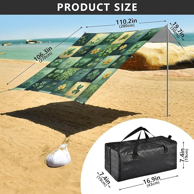 St Patrick's Clovers Plaid Beach Tent Sun Shelter Set UPF50+ UV Protection 10.5 x 9.19 FT Camping Shade Canopy with Sandbags Sand Anchors Carrying Bag and Others