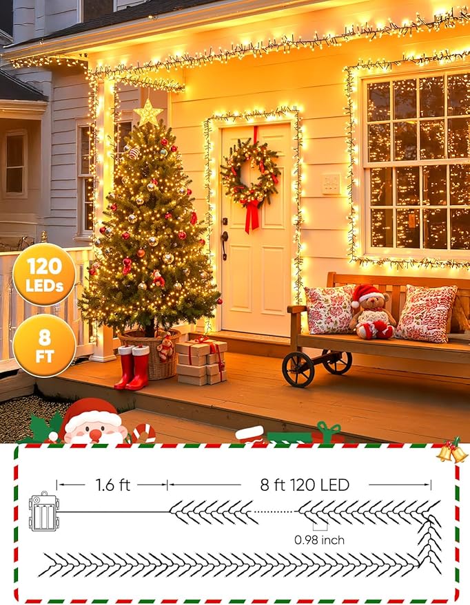 Minetom Battery Operated Christmas Lights Outdoor 4 Pack 10Ft 120 LED Battery Powered Christmas Tree Lights Firecracker Cluster Waterproof Twinkle Lights for Indoor Wreath Xmas Tree