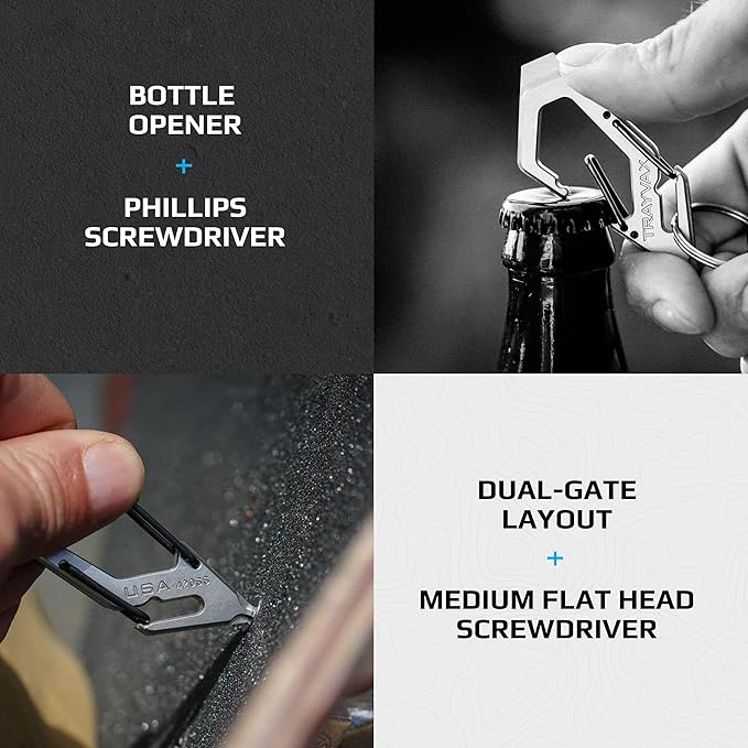 Trayvax Talon Carabiner Clip Multi-Tool 420 Stainless Steel Quick Release Keychain Multitool with Bottle Opener and Screwdrivers Silver
