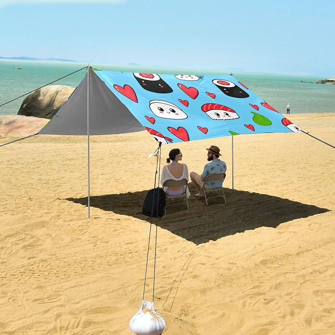 xigua Sushi Beach Tent Sun Shelter with Carrying Bag - Silver Coated Oxford Fabric Beach Canopy for Beach Camping Fishing - Includes Windproof Ropes Sandbags &amp Stakes