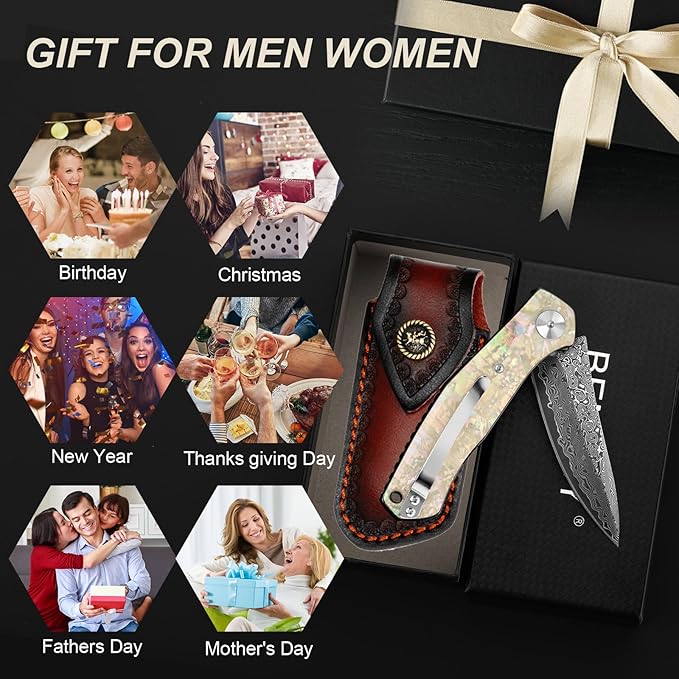 Benkey Damascus Pocket Knife Extremely Sharp VG10 Core Damascus Steel Folding Knives with Clip and Leather Sheath Unique Abalone Seashells Handle Ball Bearing Liner Lock Knife for EDC Men Women