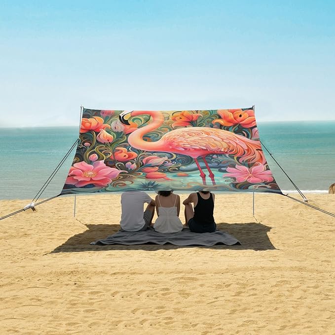 ALAZA Bright Flamingos and Flowers Beach Tent Sun Shelter Portable Canopy Sunshade for Outdoor Camping Picnics Backyard Fun 10x9 ft