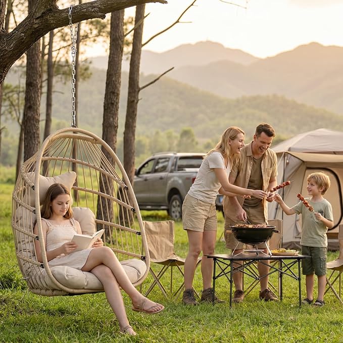 Nicesoul Outdoor Hanging Egg Chair Without Stand Patio Wicker Swing Egg Basket Chairs with Padded Cushion 350 Lbs Comfy Cozy Ceiling Tree Swinging Egg-Shaped Chair No Stand for Indoor Balcony Beige