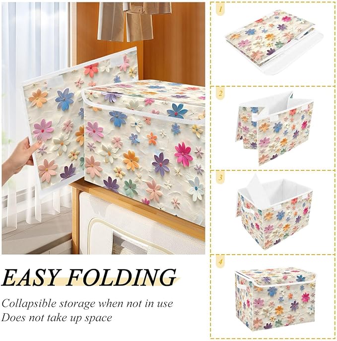 Storage Cube with Lid Cute Florals Print 16.5×12.6×11.8 IN Collapsible Large Capacity Foldable Storage Basket Bin Organizer