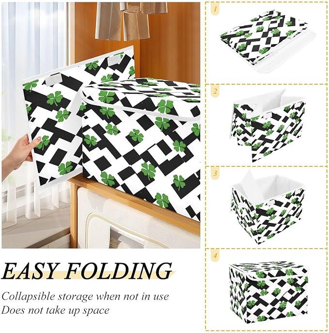 Clover Stripes Fabric Storage Bins with Lids and HandleFoldable Storage Bins with LidsCloset Organizers for Clothes Storage Room Organization Office Storage Chest Organizer