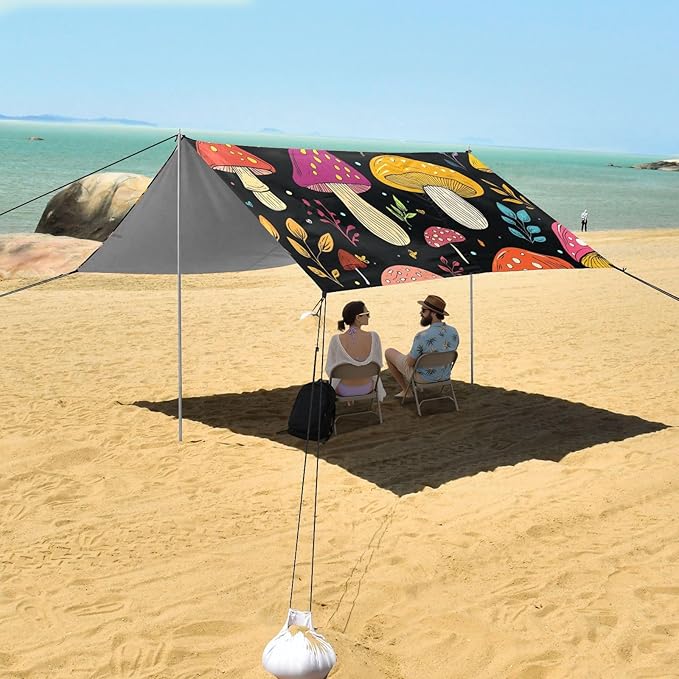 ALAZA Colorful Mushroom Cartoon Beach Tent Sun Shelter Portable Canopy Sunshade for Outdoor Camping Picnics Backyard Fun 10x9 ft