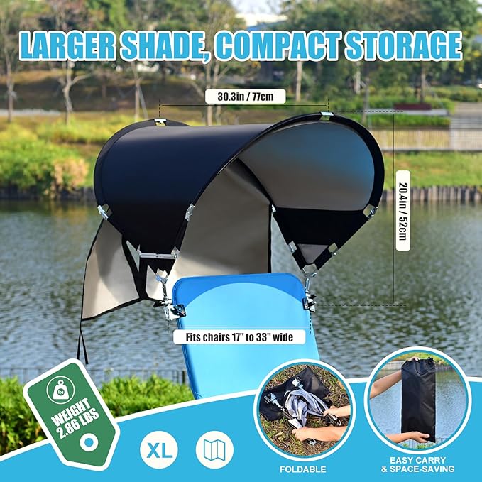 XL Universal Beach Chair Umbrella Canopy UPF 50+ Chair Sun Shade Attachment with Adjustable Clamp for Camping Lawn Wheelchair Tanning Zero Gravity Lounge Outdoor Chairs Oversized 2 Pack