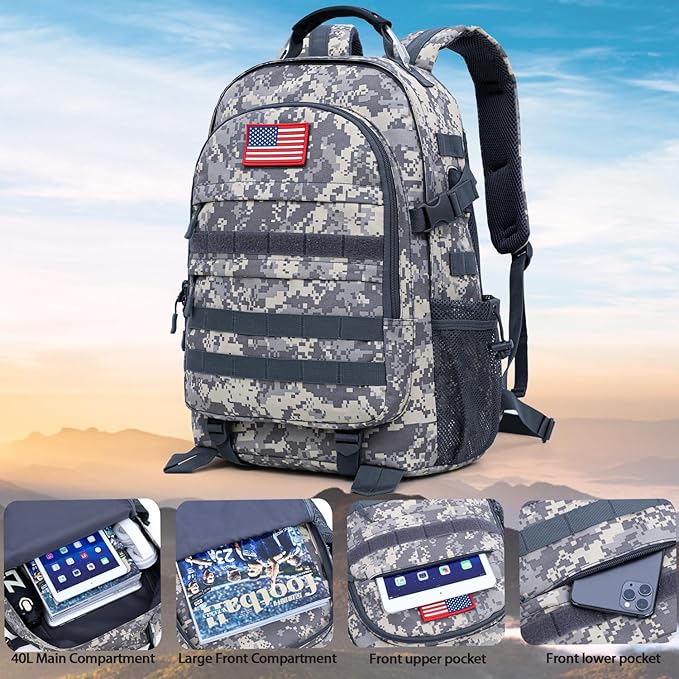 outdoor plus Camo Backpack for BoysWaterproof Army Bookbag with USB Charging Port Camoflauge Teen Boys Backpack for School