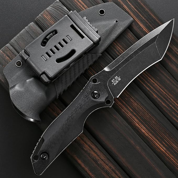 Sitivien ST32 Fixed Blade Knife AUS-10 Black Stonewashed Steel Carbon Fiber Handle Full Tang Knife for Outdoor Working Camping Hunting Fishing(Black)