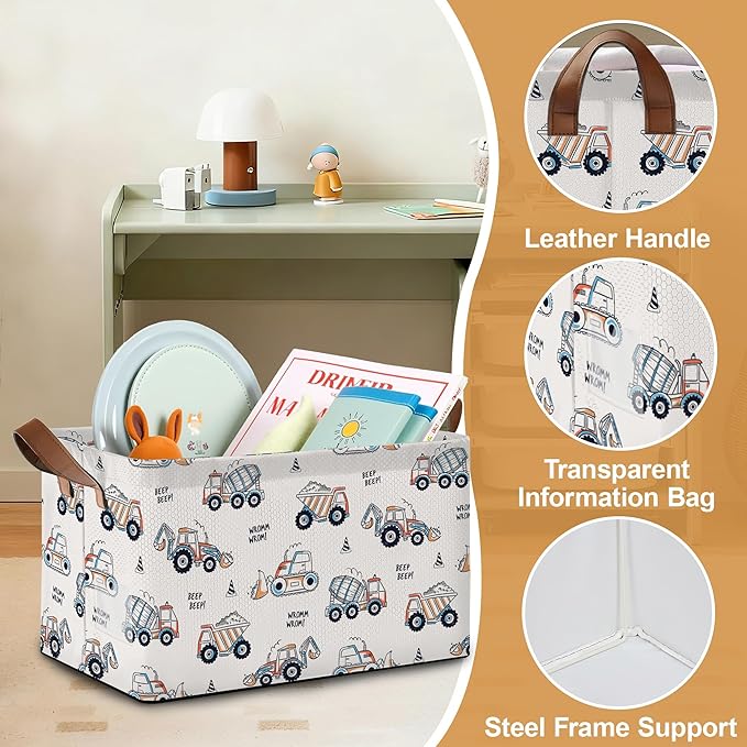 Storage Bin with Handles Cute Car Excavator Collapsible Laundry Baskets for Books Laundry - Use in Nursery Closet Organizers and Storage Blanket Basket